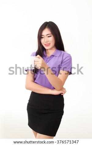 Woman holding a coffee cup Isolated on white background