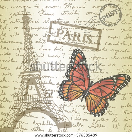 table top with sketching paper and monarch butterfly on hand-drawn writing background with  eiffel tower