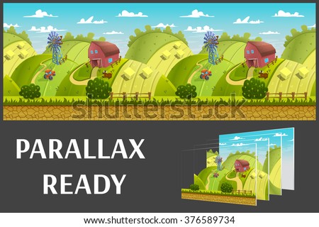 Illustration of a nature landscape ,with green hills and fields, vector unending background with separated layers for game.