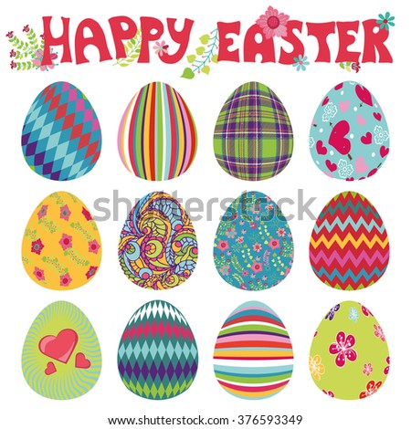 Easter eggs with pattern,ornaments.Bright cute cartoon set.Isolate on white background. Hand drawing text.Illustration