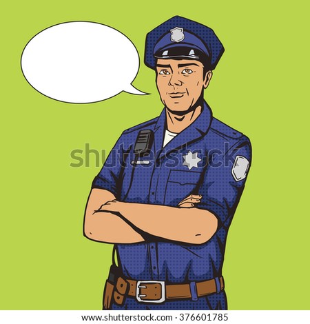 Policeman pop art style raster illustration. Police officer. Comic book style imitation. Vintage retro style. Conceptual illustration