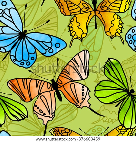 Vector Seamless Watercolor Butterfly Pattern. Butterfly pattern with of colored on green background. Background for your design web pages, wedding invitations, save the date cards, scrapbook and etc