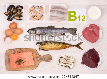 Vitamin B12 containing foods Royalty-Free Stock Photo #376614847