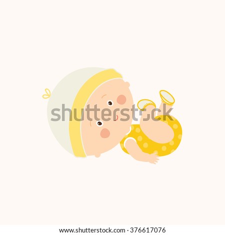 Cute baby lying down in cap. Toddler girl lying on back. Cartoon vector hand drawn eps 10 illustration isolated on white background.