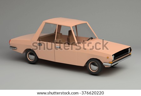 3d funny retro styled orange car. Glossy bright  vehicle on grey background with realistic shadows. Three-quarter view from above