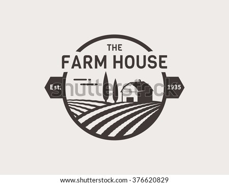 Farm House concept logo. Template with farm landscape. Label for natural farm products. Black logotype isolated on white background. Vector illustration. Royalty-Free Stock Photo #376620829