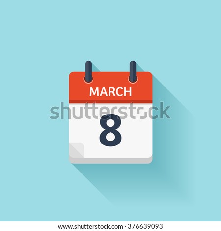 March 8. Calendar icon.Vector illustration,flat style.Date,day of month:Sunday,Monday,Tuesday,Wednesday,Thursday,Friday,Saturday.Weekend,red letter day.Calendar for 2017 year.Holidays in March.
