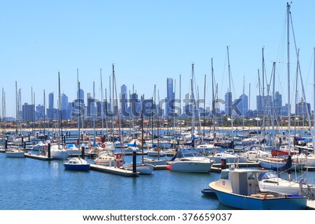 Melbourne cityscape over St Kilda harbor Australia  
