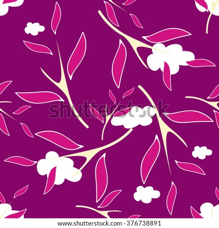 Seamless vector pattern. Large print: branch and leaves on sky with clouds background. Abstract design. Flat simple minimalistic style. Sangria, lilac, violet, purple colors