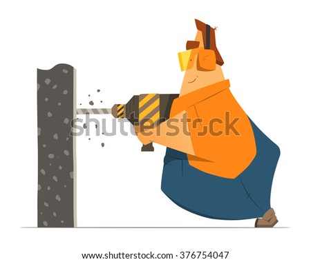Fat man repairman builder worker drilling a wall using perforator drill. Home house repair color vector illustration.