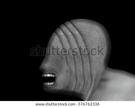 Silhouette outline of a grotesque blind man's head with an open mouth and folded skin for the concept of freak.