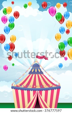 Abstract striped circus tent and flying balloons and bubbles - place for your text. Party invitation. Vector illustration.