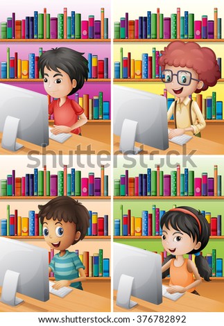 Boys and girl working on computer illustration