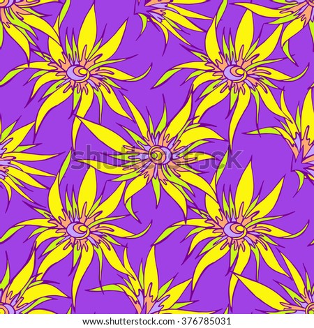 Seamless pattern with hand drawn flowers. In violet and yellow colors.