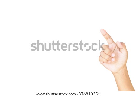 Hand simulating pressing a button. Isolated on white background