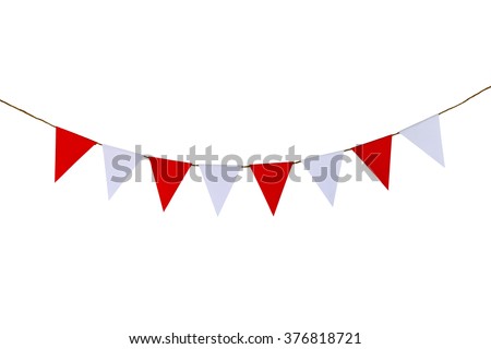 Triangle papers hanging on the rope.On the white background. Royalty-Free Stock Photo #376818721