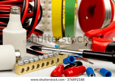 electrician tools and accessories, white background   