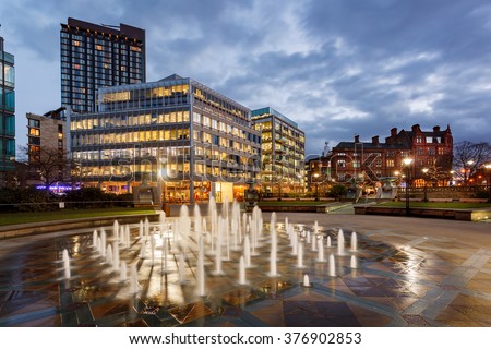 Millennium Square is a modern city square in Sheffield, England Royalty-Free Stock Photo #376902853