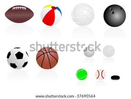 Set of detailed sport balls with reflection, isolated on white background