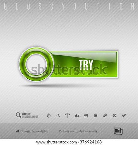 Green modern plastic button with circle on the gray background. Vector design element.