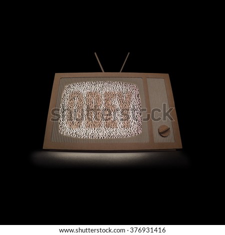Vintage style cardboard TV with the word "Obey". Media shaping, forcing,  altering opinions, propaganda, political message, control concept. Social poster. Isolated on black background.
