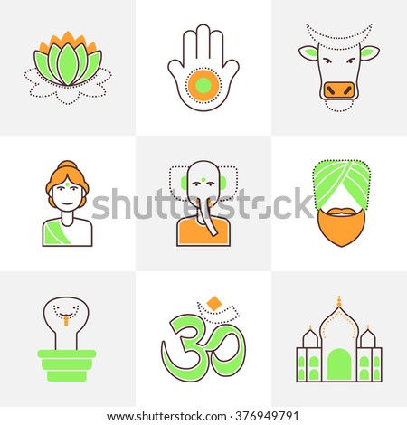 Flat line icons set of Indian woman, Ganesha, Man in turban, Taj Mahal, Blown lotus, Khamsa, Holy Cow, Om, Snake in pot.