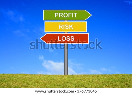 Signpost with 3 arrows shows Profit Loss Risk