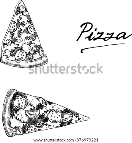 Set of pieces of pizza drawn by ink. Cartoon sketch and hand lettering drawn by ink. Hand drawn vector illustration.