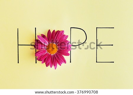 Inscription hope with pink flower on green background