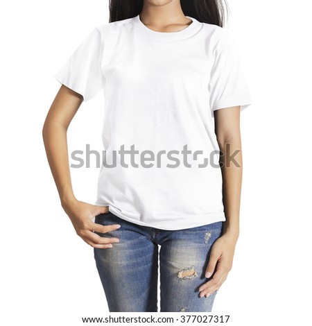 Young woman in a blue jeans and white T-shirt on white background