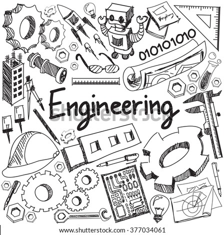 Mechanical, electrical, civil, chemical and other engineering education profession handwriting doodle icon tool sign and symbol in white isolated background paper used for presentation title (vector) Royalty-Free Stock Photo #377034061