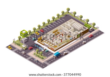 Vector isometric icon or infographic element representing low poly grocery supermarket store cross-section infographic with shop equipment, fridges, shelves, furniture. Parking lot and street included