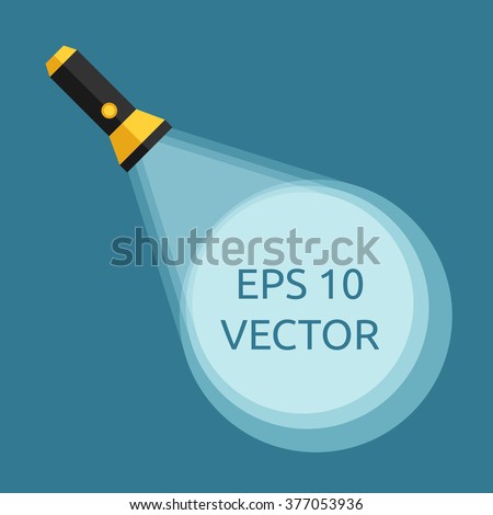 Flashlight and light beam with circle on blue background. Electrical torch with rays. Analysis, search, research concept. Flat style. EPS 10 vector illustration, transparency used
