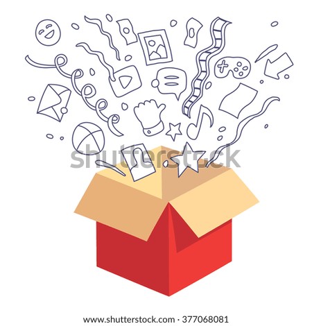  Box and multimedia. Red color opened box and multimedia icons set, isolated on white background, vector hand drawn, doodle and flat style illustration.