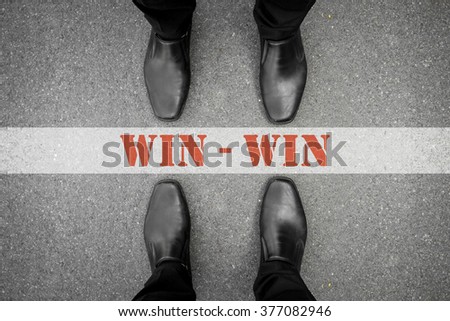 Two men standing on both side of the win-win line. Represent that no one has to lose in business, both can win.