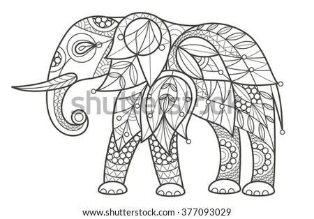 Vector illustration decorative elephant on white background. Fashion trend of adult coloration. Animal with elements oriental motif. Black and white. Modern design.