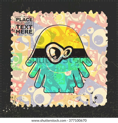 Cute Monster on grunge postage stamp. Cartoon illustration, vector