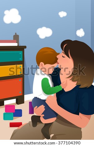 A vector illustration of happy mother holding her