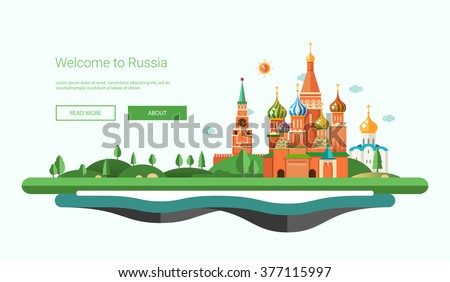 Vector illustration of flat design banner, header travel composition with Russian landscape. Welcome to Russia