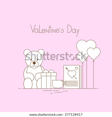 Pink Valentine Day Gift Card Holiday Love Heart Shape Present Toy Bear Flat Vector Illustration