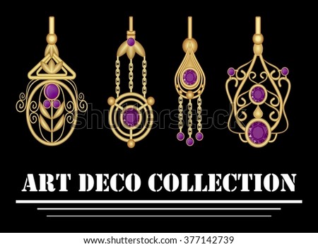 Collection of elegant gold earrings with purple amethyst gem in art deco. Victorian luxury earrings set. Oriental pendants with purple amethyst. Symmetric classic design, jewel for festive occasions.