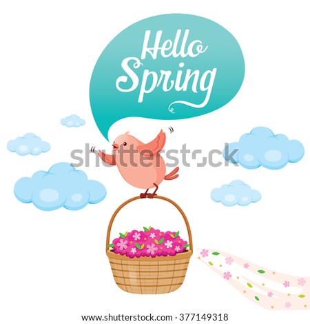 Flying Bird And Flower Basket On Sky With Talking Bubble, Spring Season, Nature