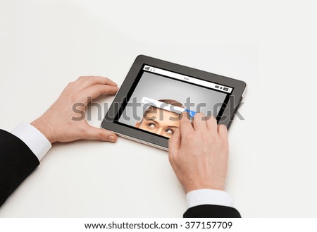 business, internet, people and technology concept - close up of man hands with web browser search bar on tablet pc computer screen