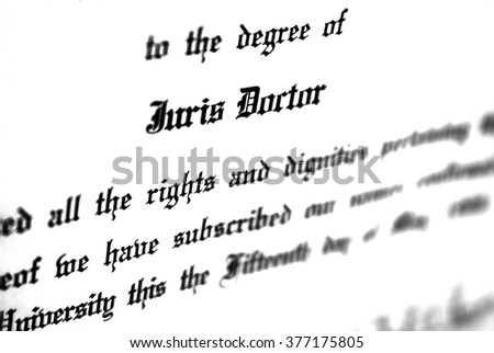 Close up of Juris Doctorate law degree certificate