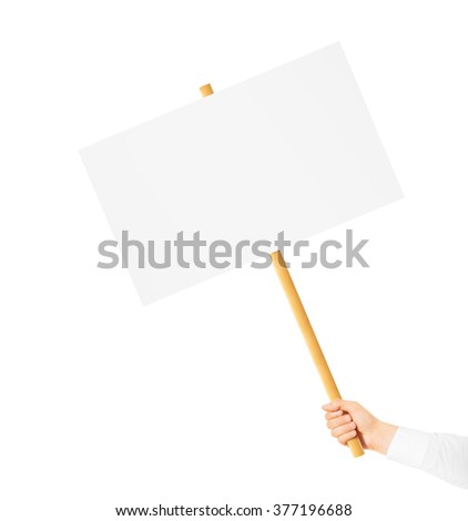 Hand holding blank banner mock up on wood stick from the corner isolated. 