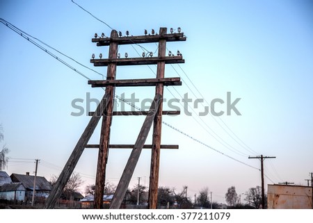 Wooden tower electric transmission line. Power supply technology of the last century. Wooden poles electrical supply system of the poor regions of Ukraine