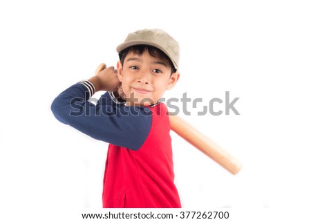 Little boy taking baseball bat on white background