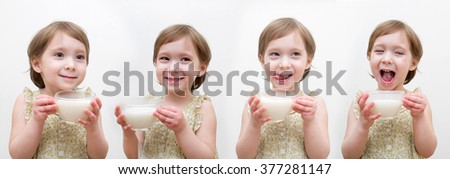 Collage of 4 pictures little girl 4 years of drinking milk
