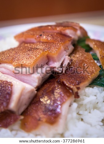 Roasted Goose (crispy skin and tender, juicy flesh) on Rice with Vegetable, Hong Kong Style