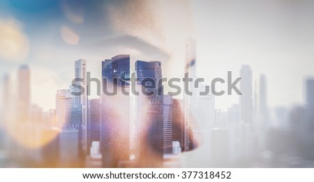 Close-up portrait of young woman. Double exposure city on background, visual effects
